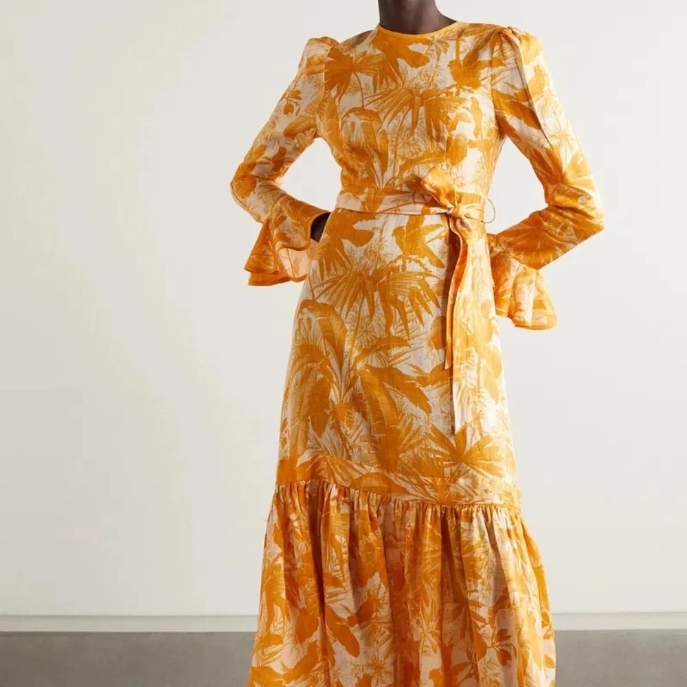 Zimmermann Linen Midi Dress (Mae Belted Ruffled - Yellow/Ivory/White) - Picture 2 of 10